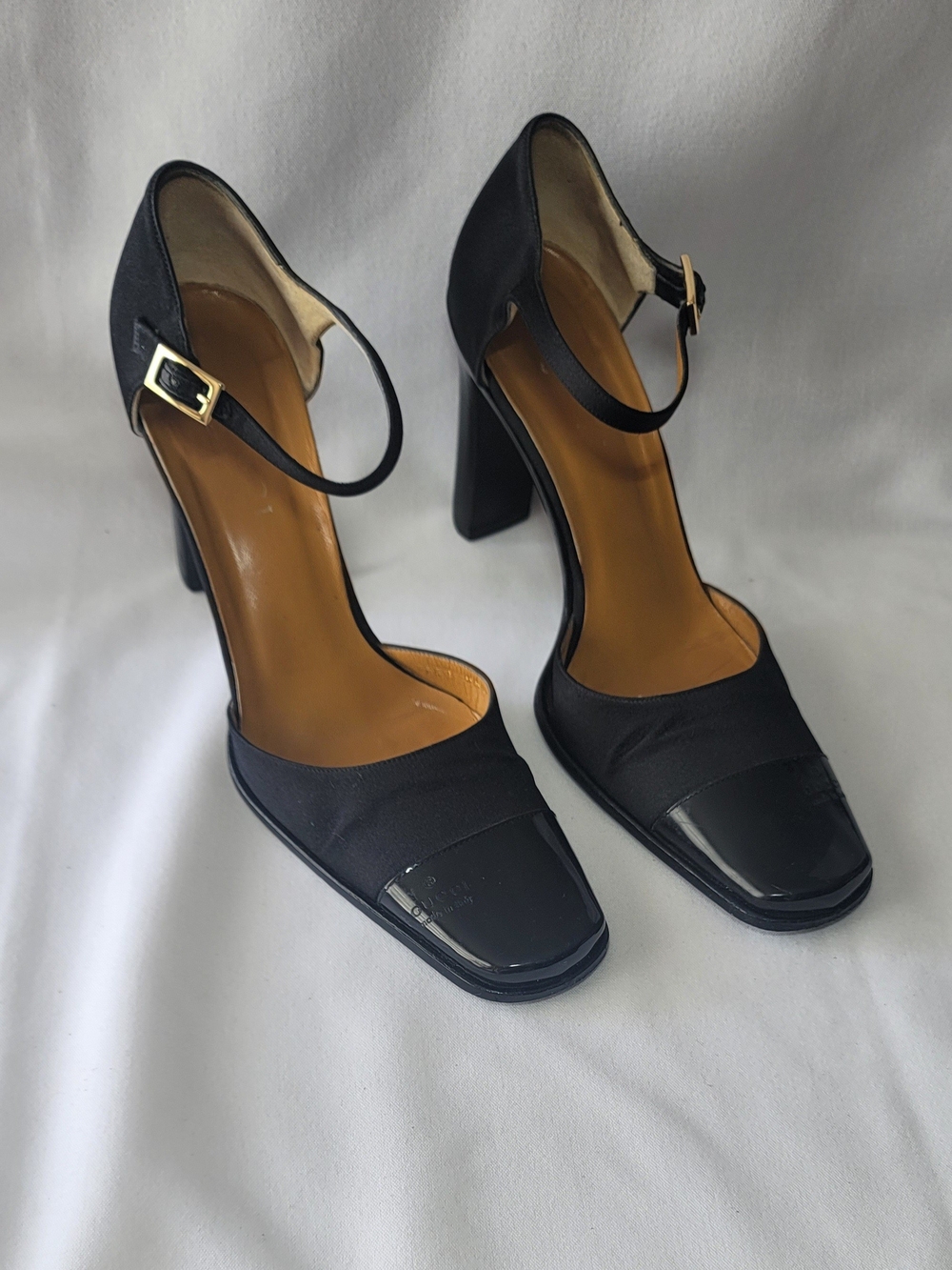 Gucci Black Leather and Patent Sq-Toe Ankle-Strap Block Heels Size 38